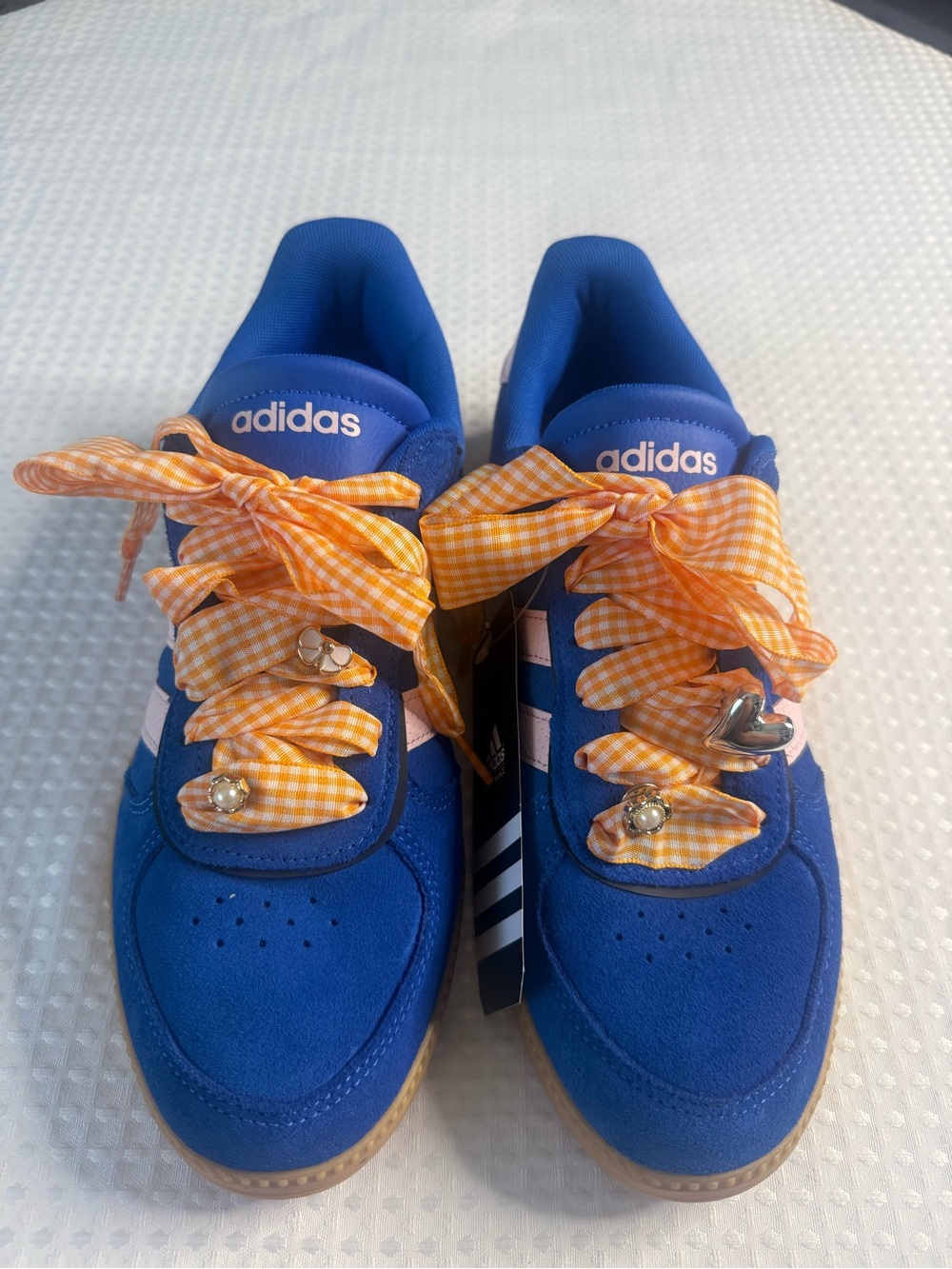 adidas Women’s Blue Suede Sneakers, Orange Gingham Laces light pink stripes